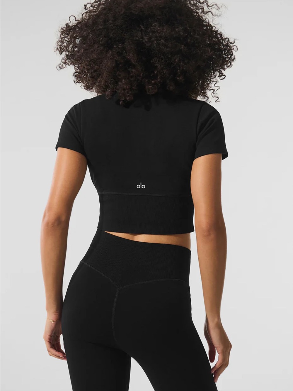 ALO Yoga Black Ribbed Short Sleeve Crop Top